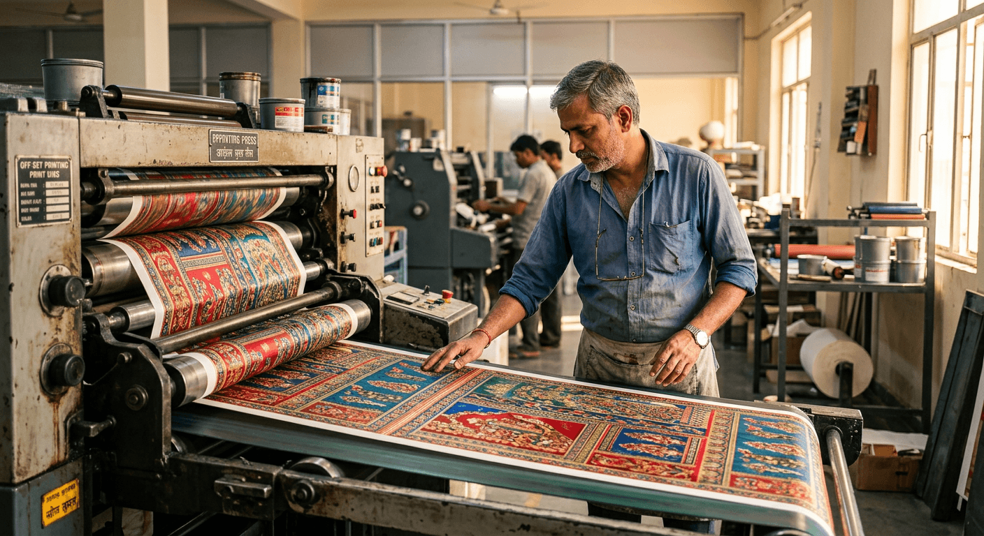Printing professional inspecting a freshly printed sheet in the workshop